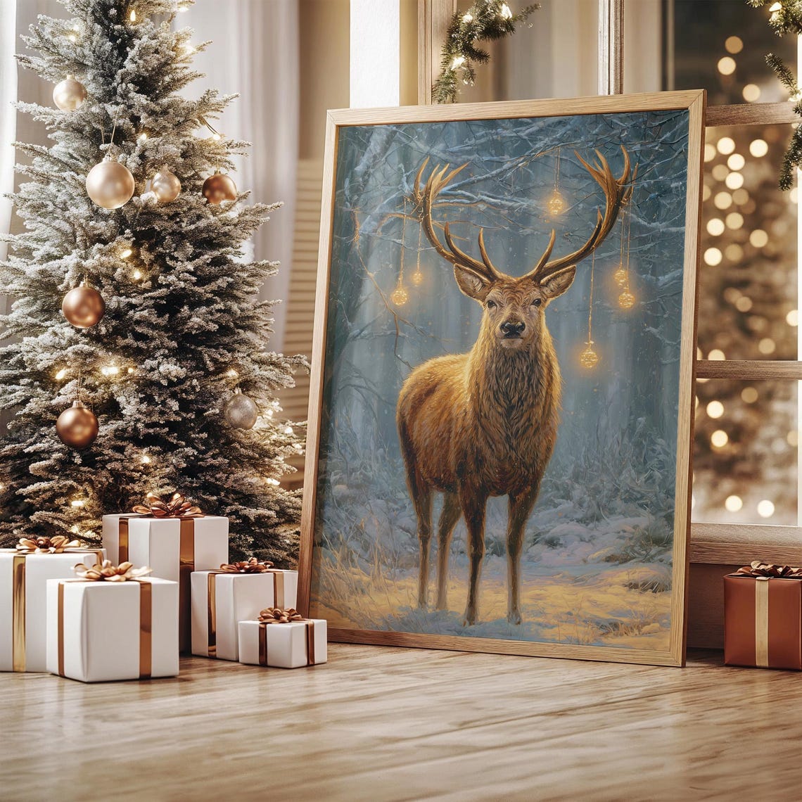 Majestic Stag With Glowing Christmas Lights In Snowy Forest Poster