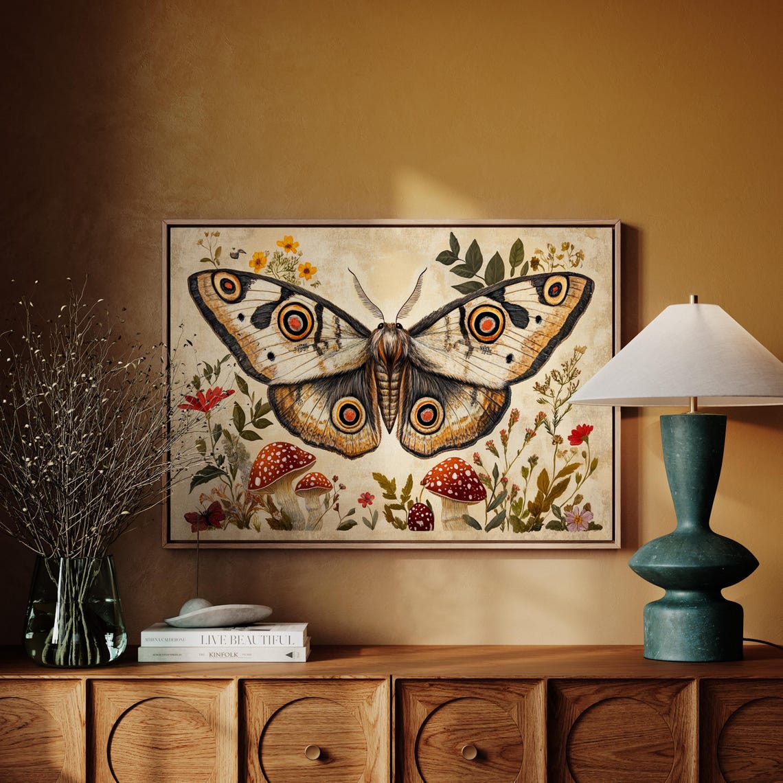 Large Moth With Eyespot Wings Mushrooms Red Florals Vintage Wall Art - Image 2