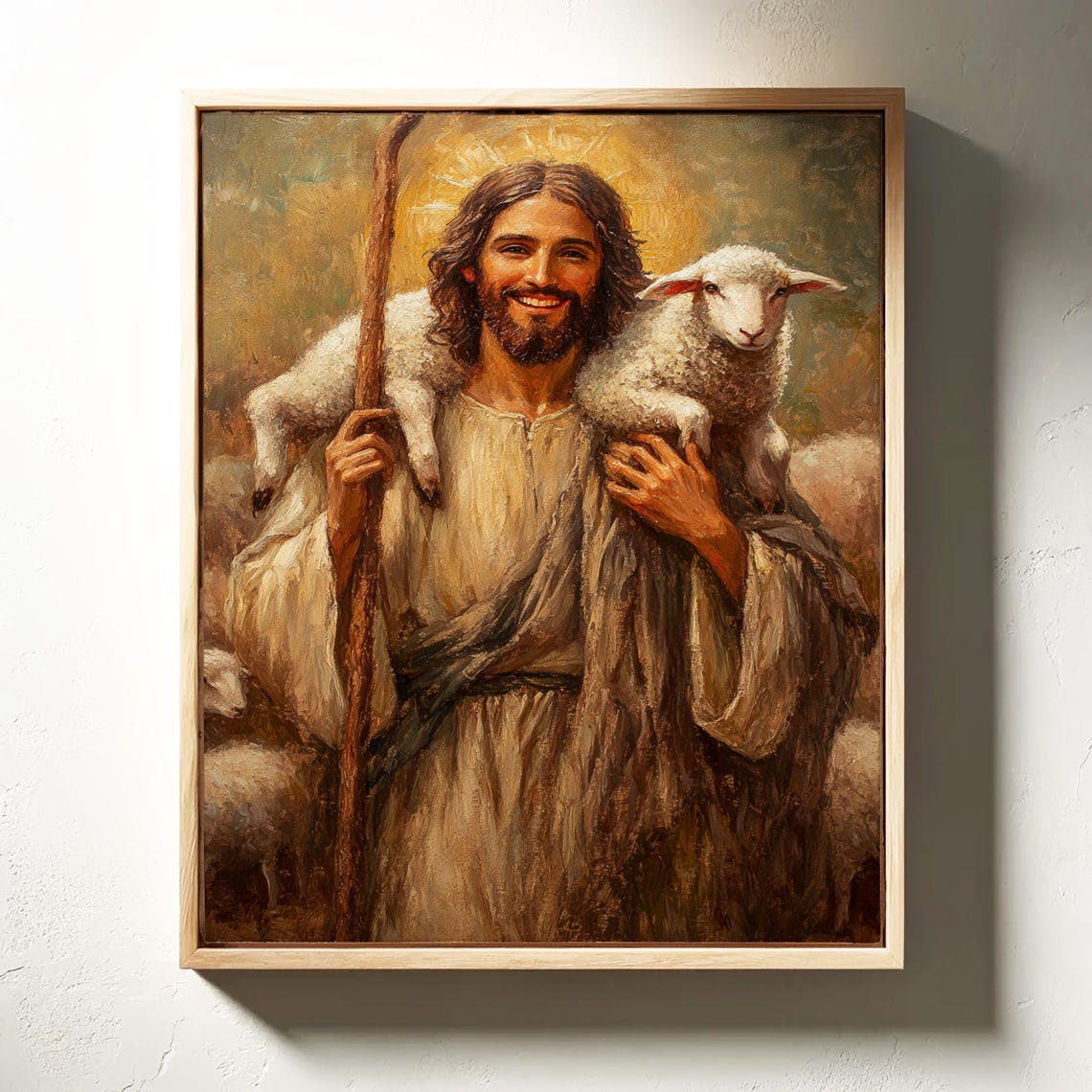 Smiling Good Shepherd Jesus Staff Lamb Shoulders Faith Poster - Image 3