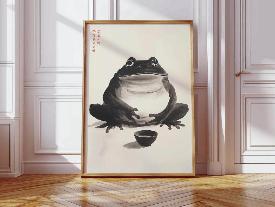 Ink Wash Frog With Tea Cup Japanese Zen Calligraphy Art Poster - Image 5