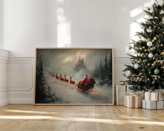Santa Sleigh Ride to Castle in Winter Snow Poster