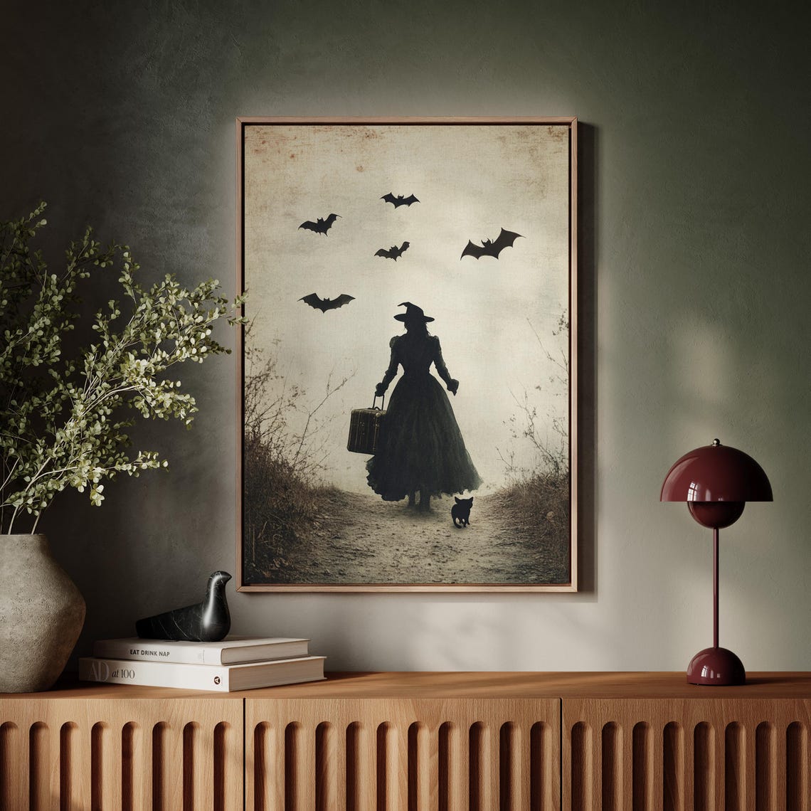 Vintage Witch Silhouette With Suitcase Black Cat Bats Halloween Poster - Image 2