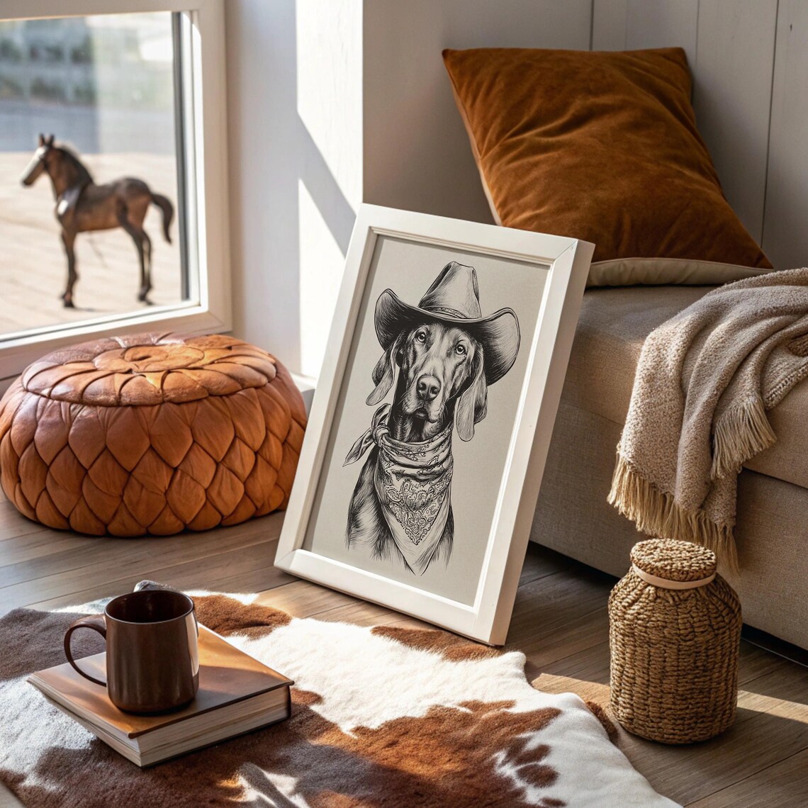 Dog in a Cowboy Hat and Bandana Vintage Ink Sketch Western Poster