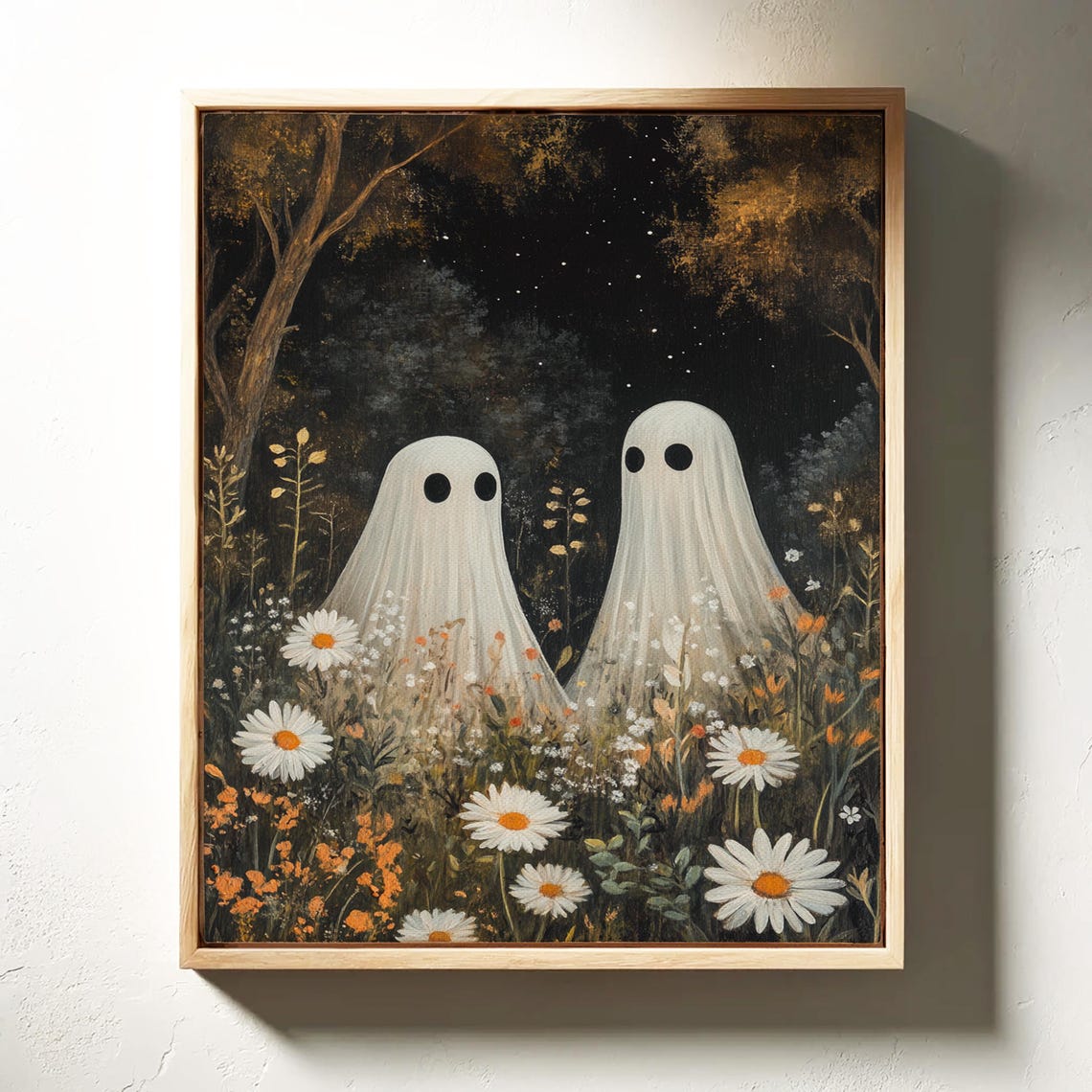 Two Cute Ghosts In Wildflower Night Meadow Under Starry Sky Poster - Image 3