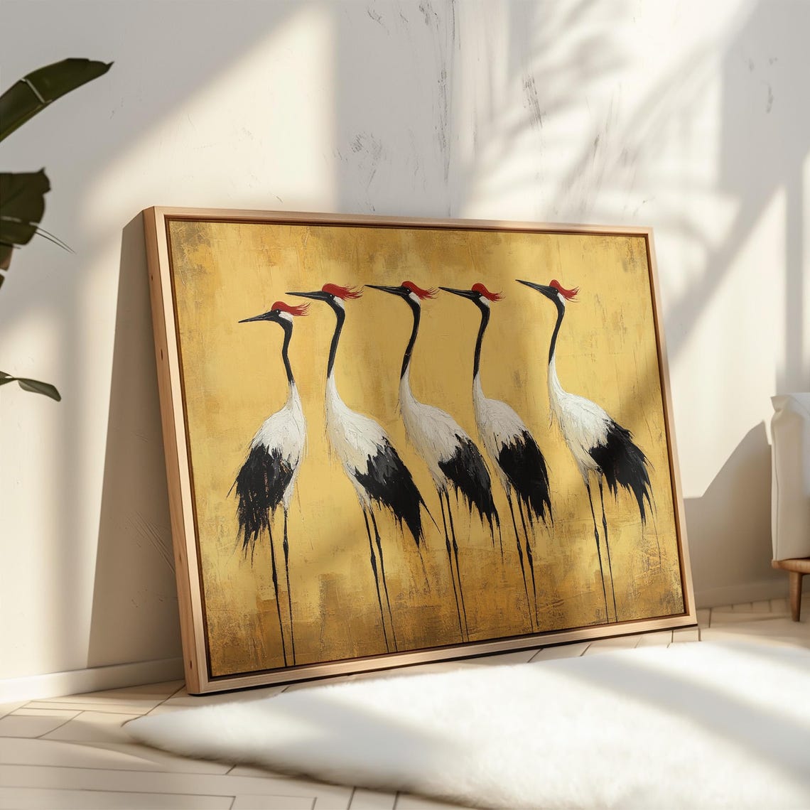 Elegant Red Crowned Cranes On Gold Minimalist Asian Style Poster
