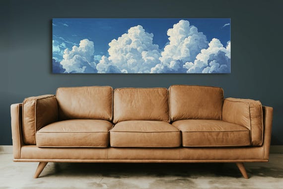 Panoramic Cloudscape Print Fluffy Blue Sky Wall Art Dreamy Cloud Painting Serene Nature Decor Large Wall Art