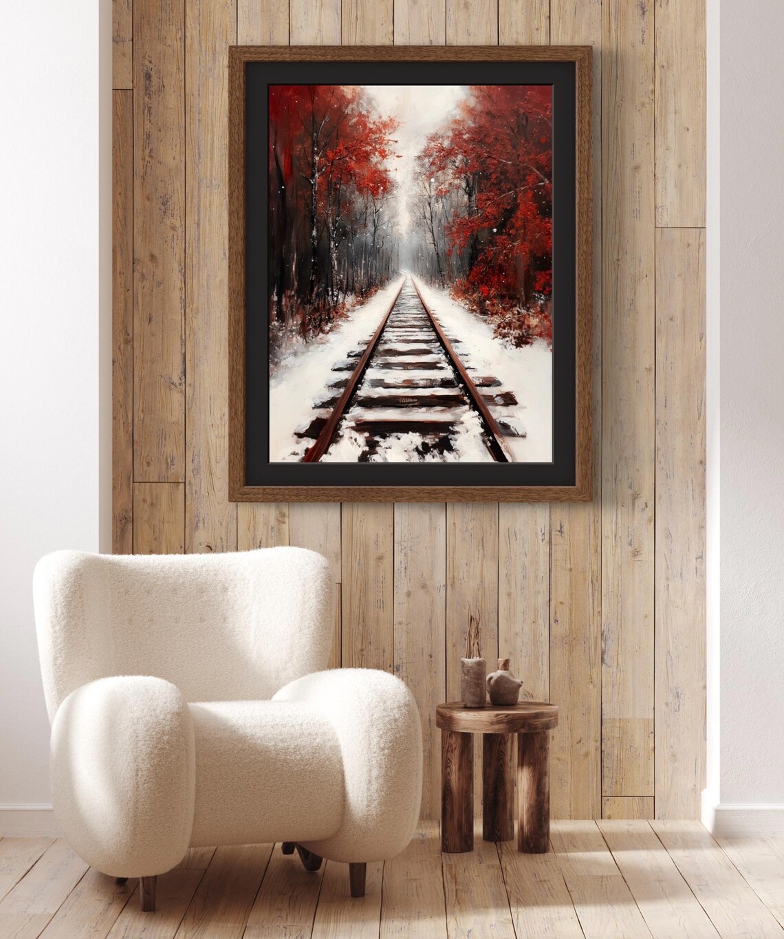 Snowy Railroad Track Through Crimson Winter Forest Moody Landscape Poster - Image 3