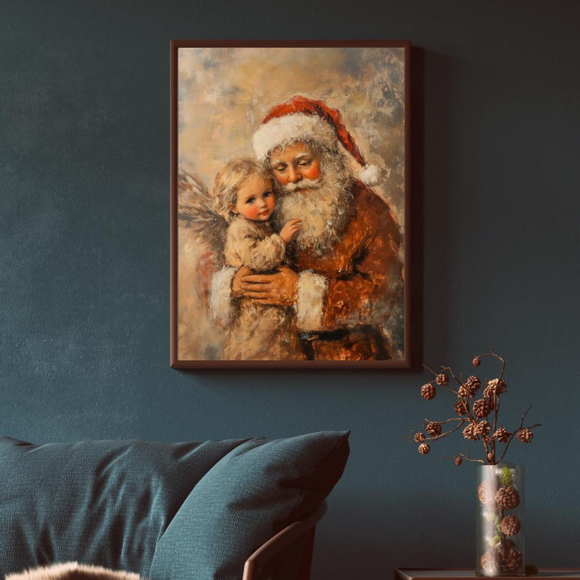 Vinatge Santa With Christmas Angel Wall Art Print Moody Christmas Wall Decor Santa With A Little Angelic Girl Kids Room Decor - Image 4