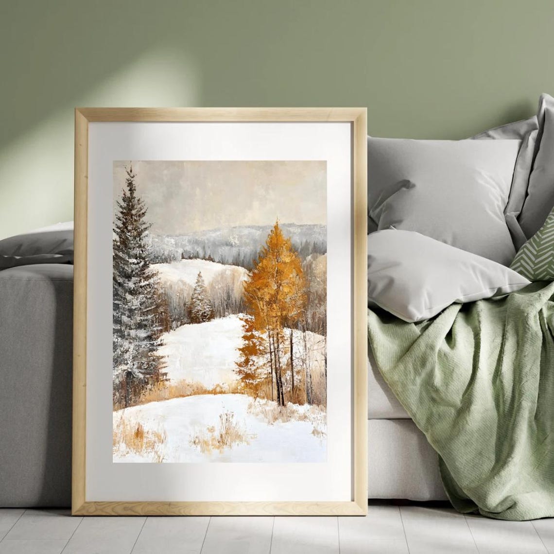 Snowy Winter Forest With Evergreen And Golden Tree Art Print - Image 3