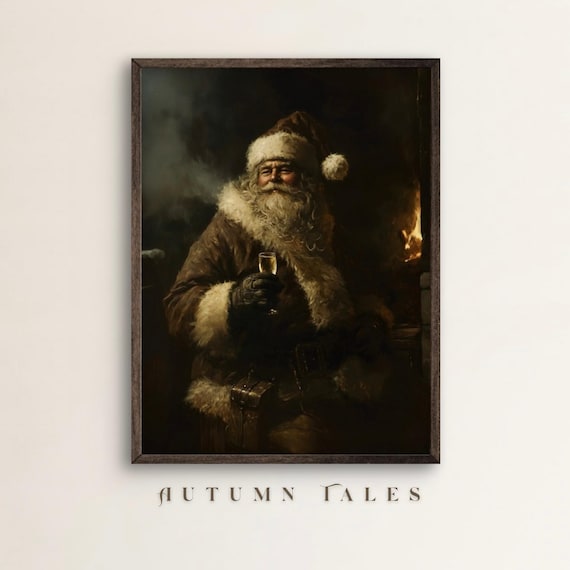Vintage Moody Santa Wall Art Print Dark Academia Christmas Home Decor In Rich Moody Colors Christmas Wall Decor Print