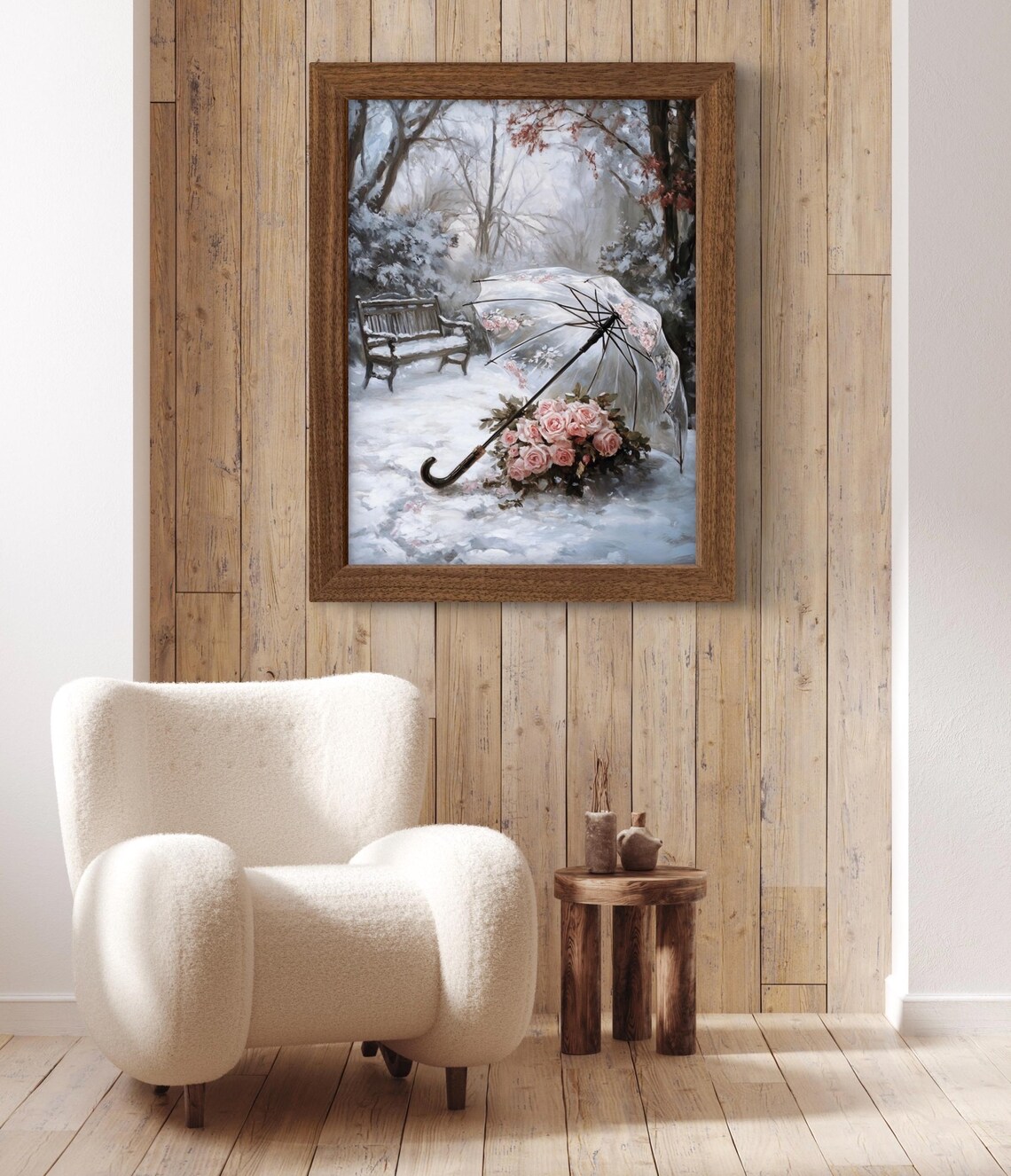 Pink Roses Under Transparent Umbrella in Snowy Garden Romantic Wall Art Poster - Image 2