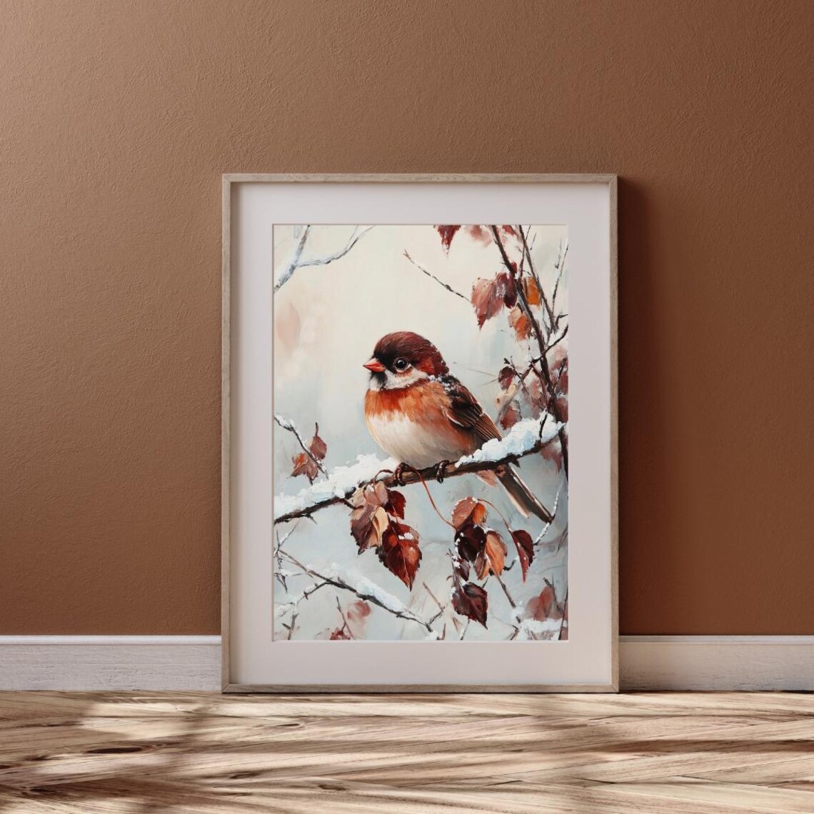 Red Headed Sparrow On Snowy Branch With Rust Leaves Vintage Bird Art Print - Image 6