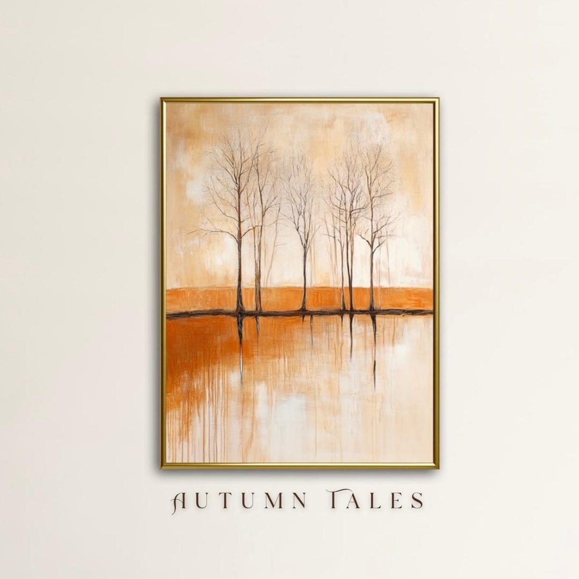 Warm Minimalist Autumn Trees Reflected In Orange Water Art Print