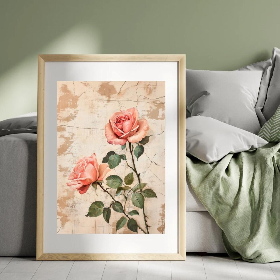 Vintage Pink Roses Botanical Illustration Distressed Beige Floral Poster - Image 4