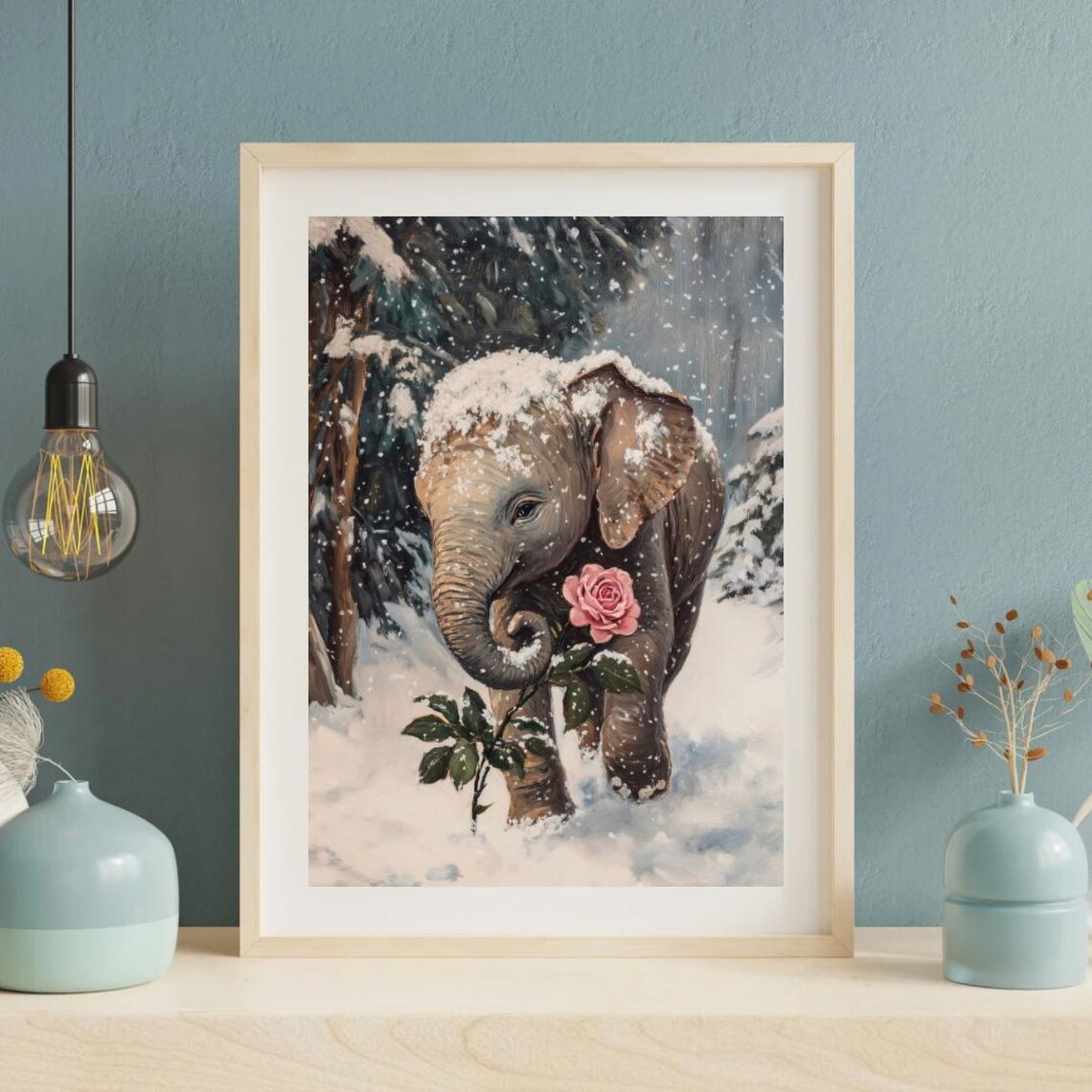 Cute Baby Elephant in Snow Holding Pink Rose Winter Animal Wall Art Poster - Image 3