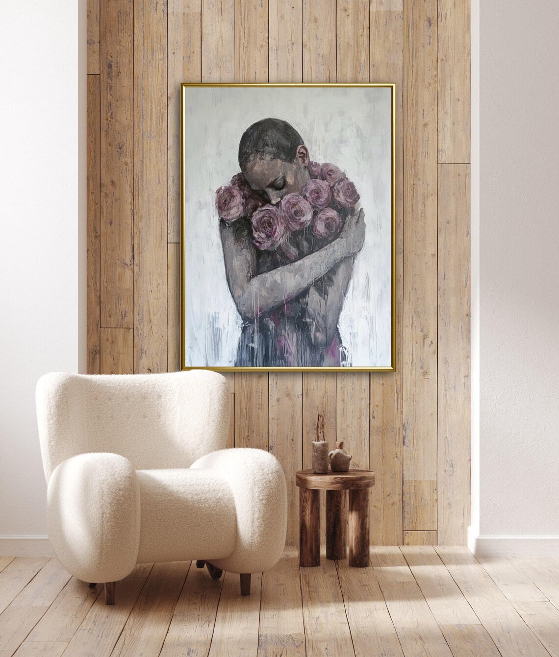 Breast Cancer Awareness Woman Embracing Rose Bouquet Modern Art Print - Image 2