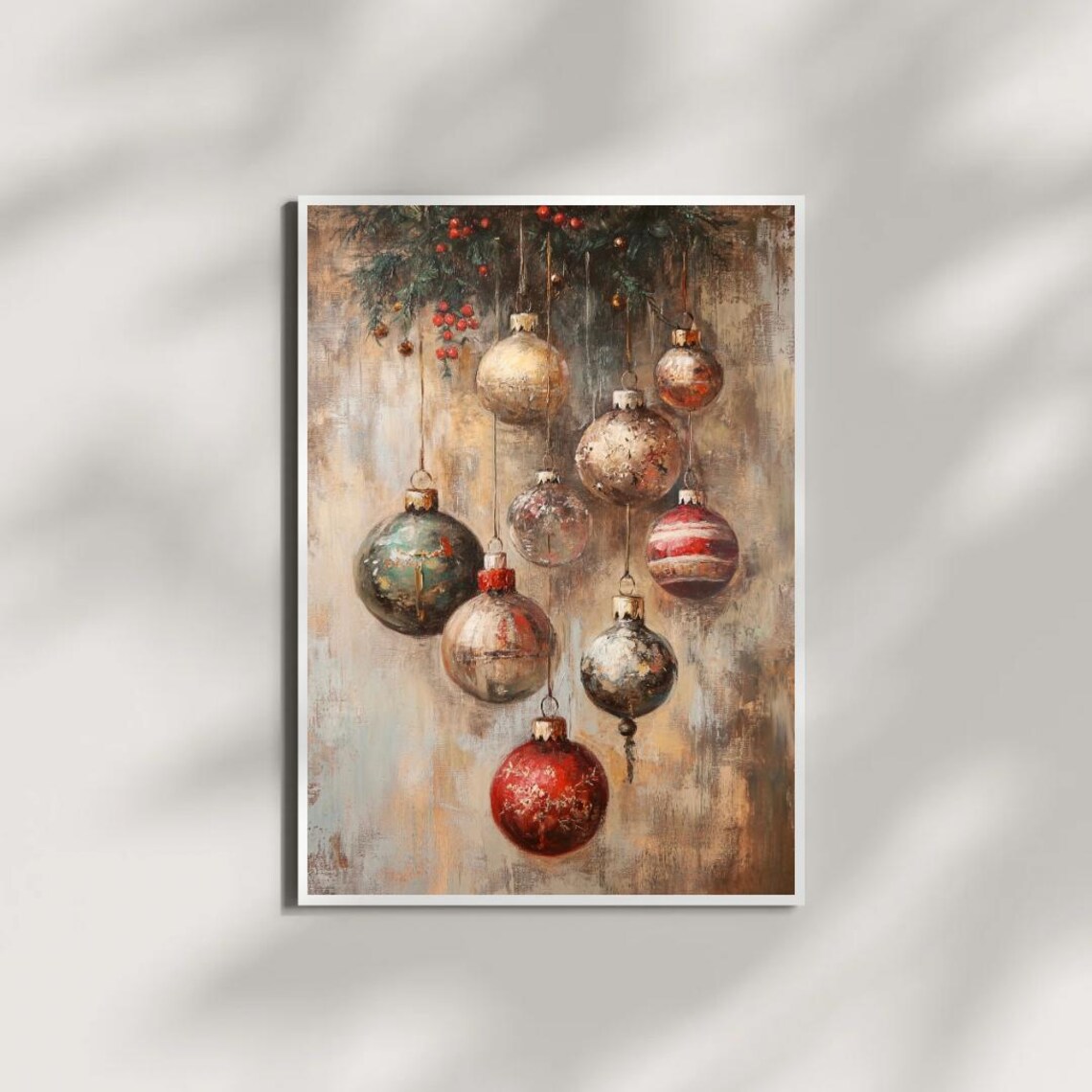 Vintage Christmas Ornaments Art Print, Rustic Holiday Decor