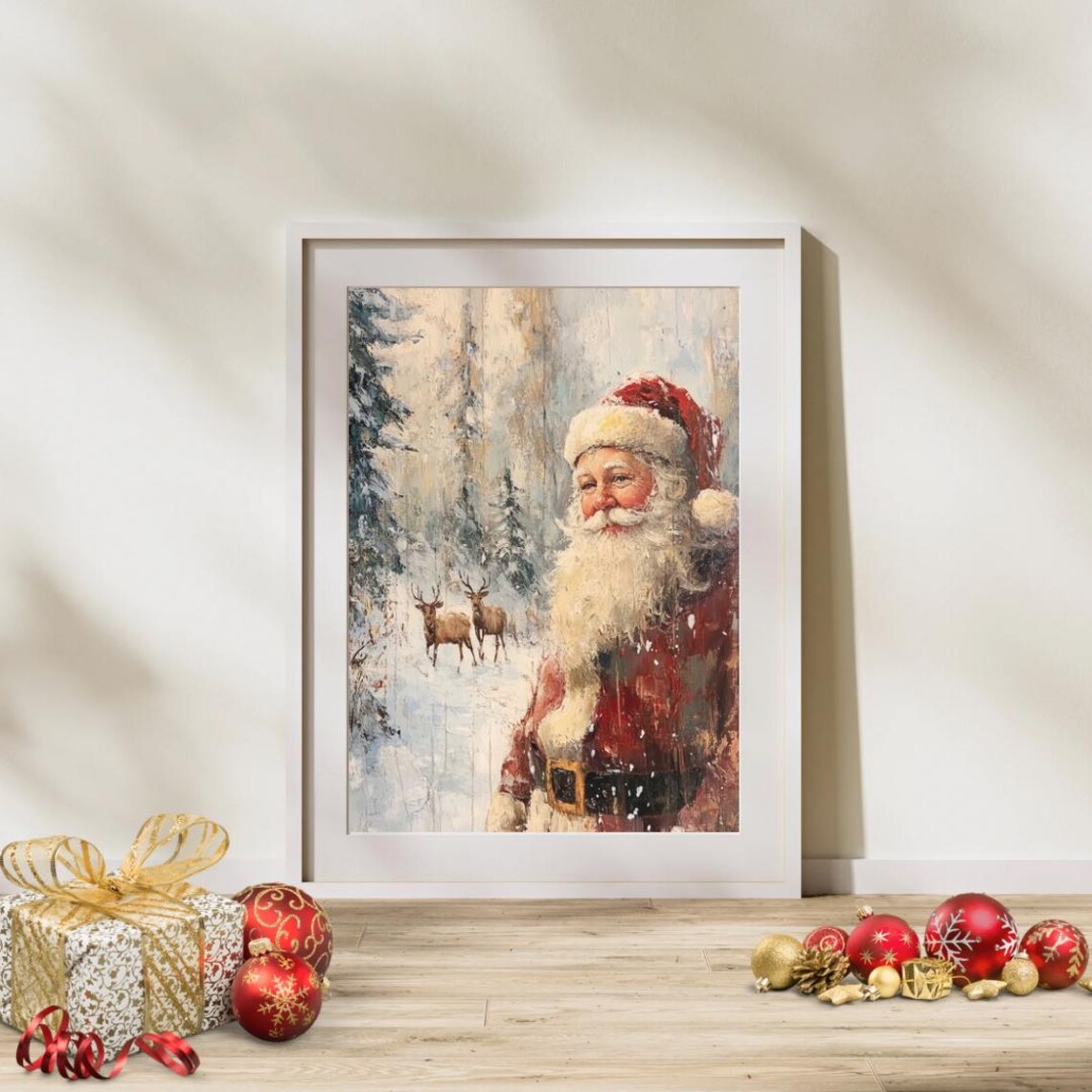 Vintage Santa Claus Snowy Winter Forest Reindeer Painting Poster - Image 6