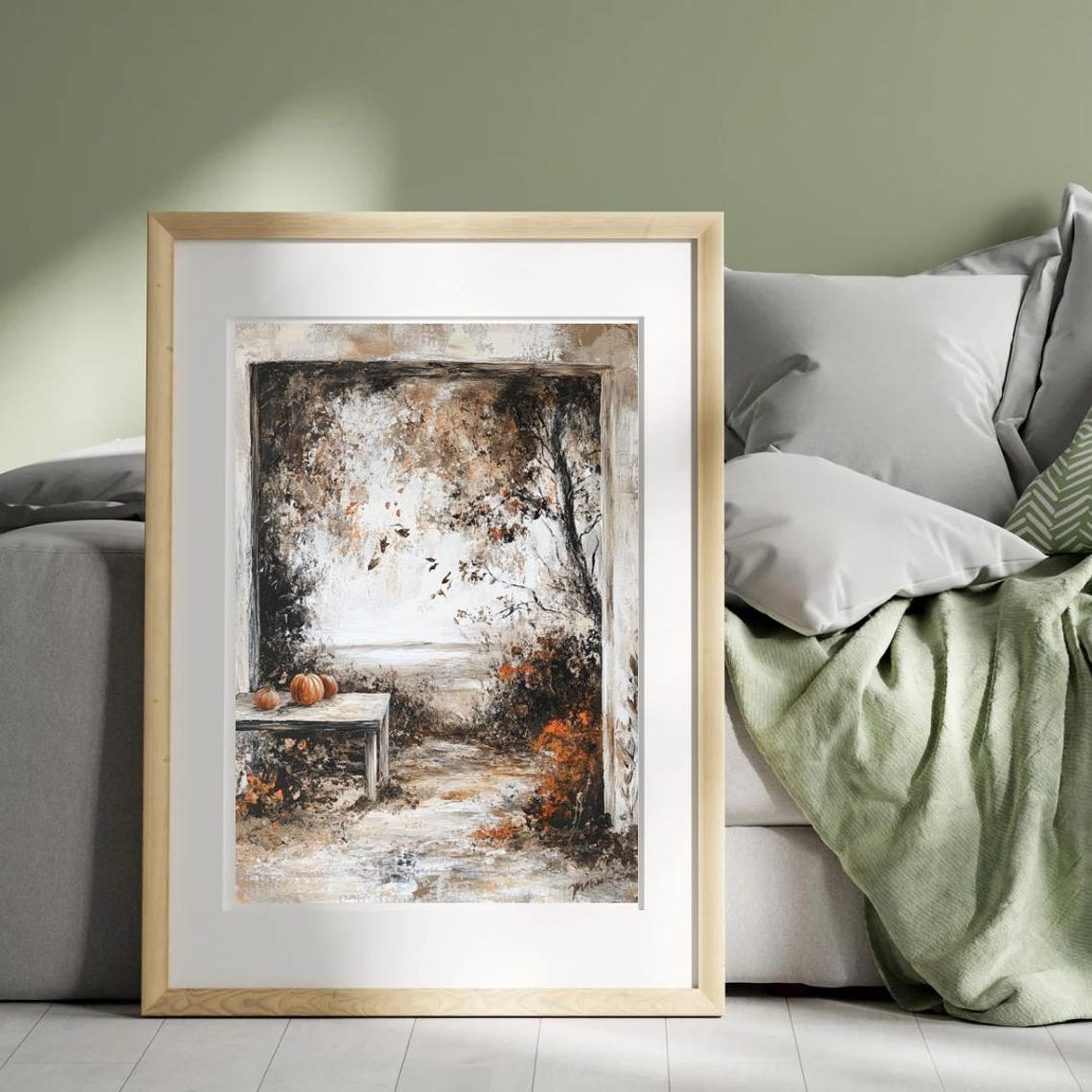 Autumn Pumpkins On Rustic Table By Lake View Window Art Print - Image 3