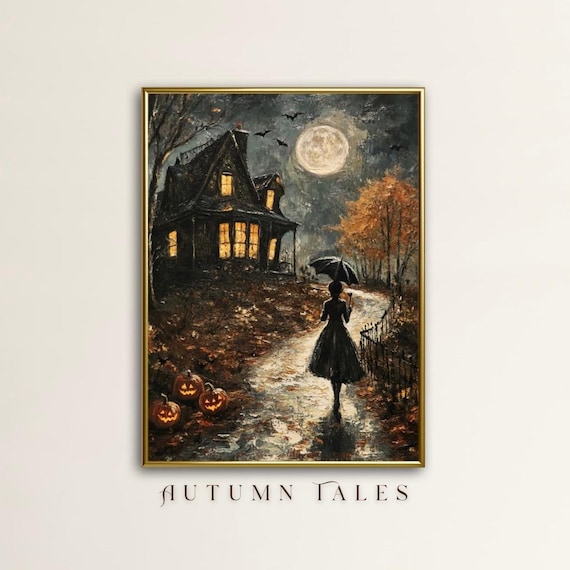 Haunted House Witch and Jack O Lanterns Halloween Night Scene Wall Art