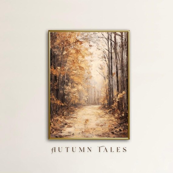 Glowing Sunlit Golden Autumn Forest Path Oil Painting Art Print
