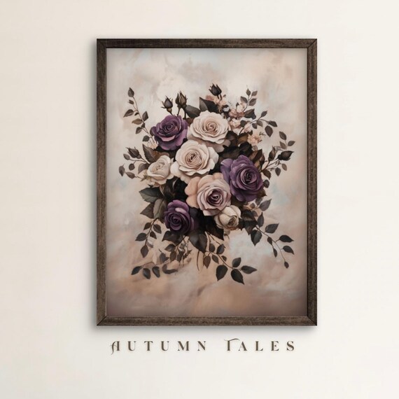 Pink And Purple Rose Flowers Wall Art Print Vintage Spring Season Floral Botanical Wall Decor Subtle Moody Tone
