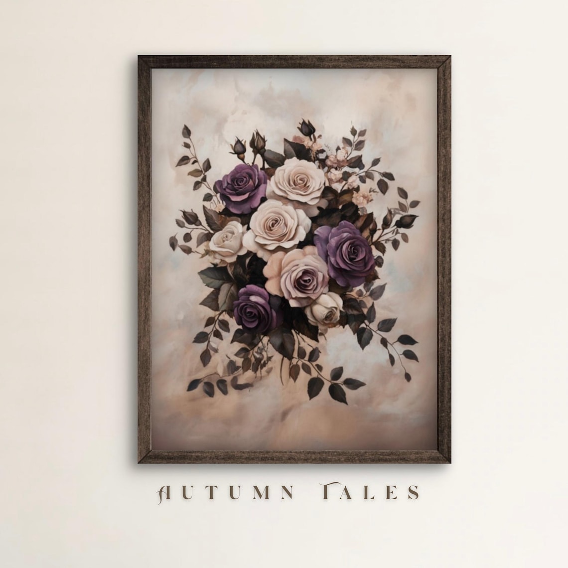 Purple White Rose Bouquet Moody Farmhouse Vintage Floral Art Poster