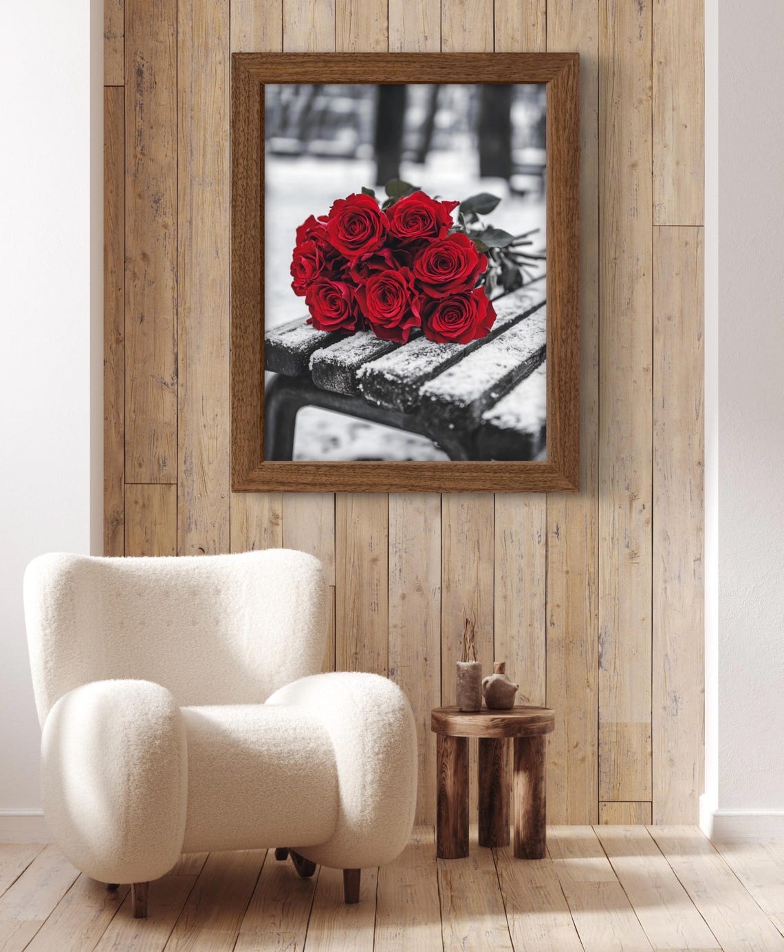Red Roses Bouquet On Snowy Park Bench Winter Black White Photo Poster - Image 3