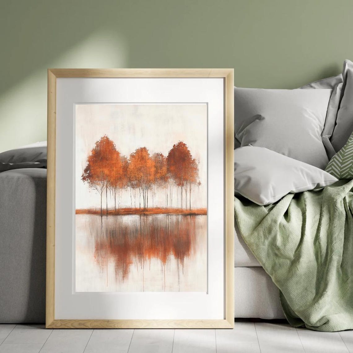 Autumn Tales Orange Tree Grove Calm Water Reflection Art Poster - Image 3