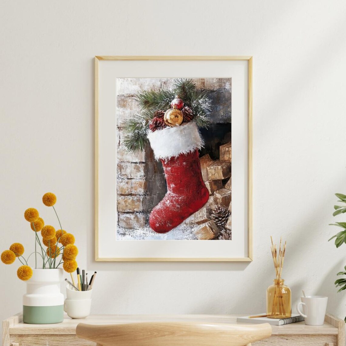 Vintage Christmas Stocking Art Print, Cottagecore Farmhouse - Image 4
