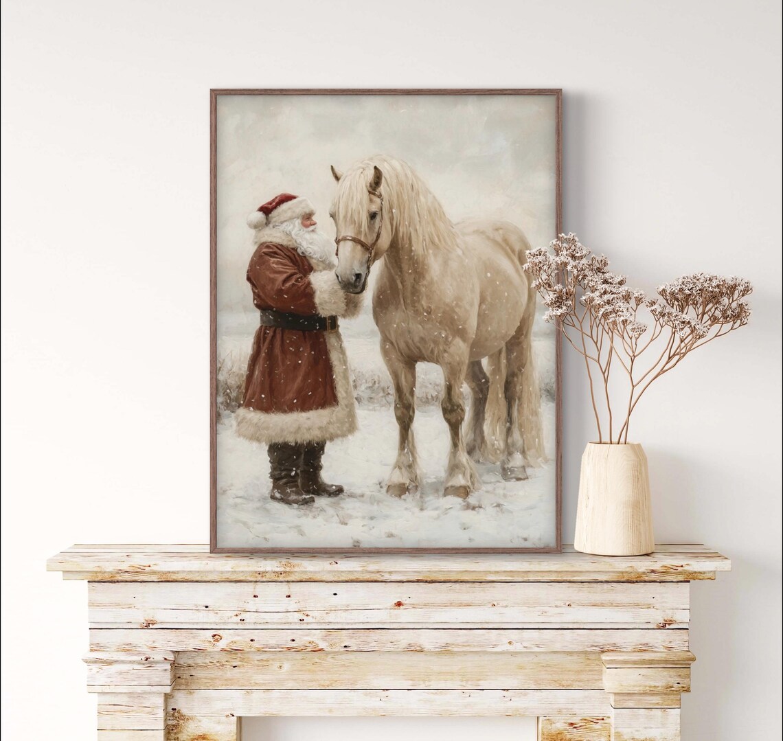 Vintage Santa Beige Clydesdale Horse Christmas Art Print - Image 3