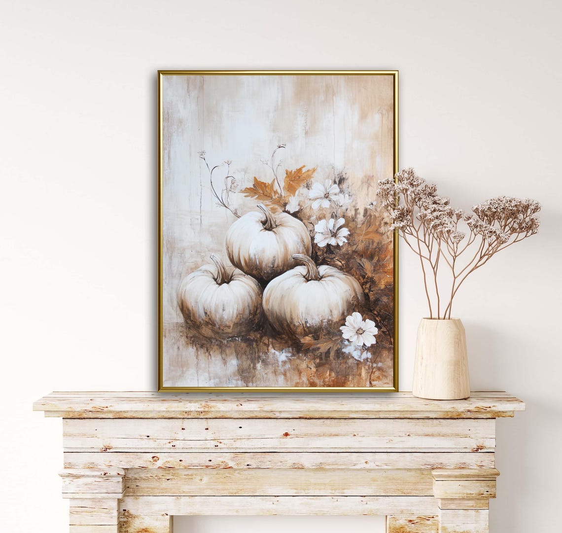 Three White Pumpkins Cosmos Flowers Soft Neutral Autumn Tone Wall Art - Image 3