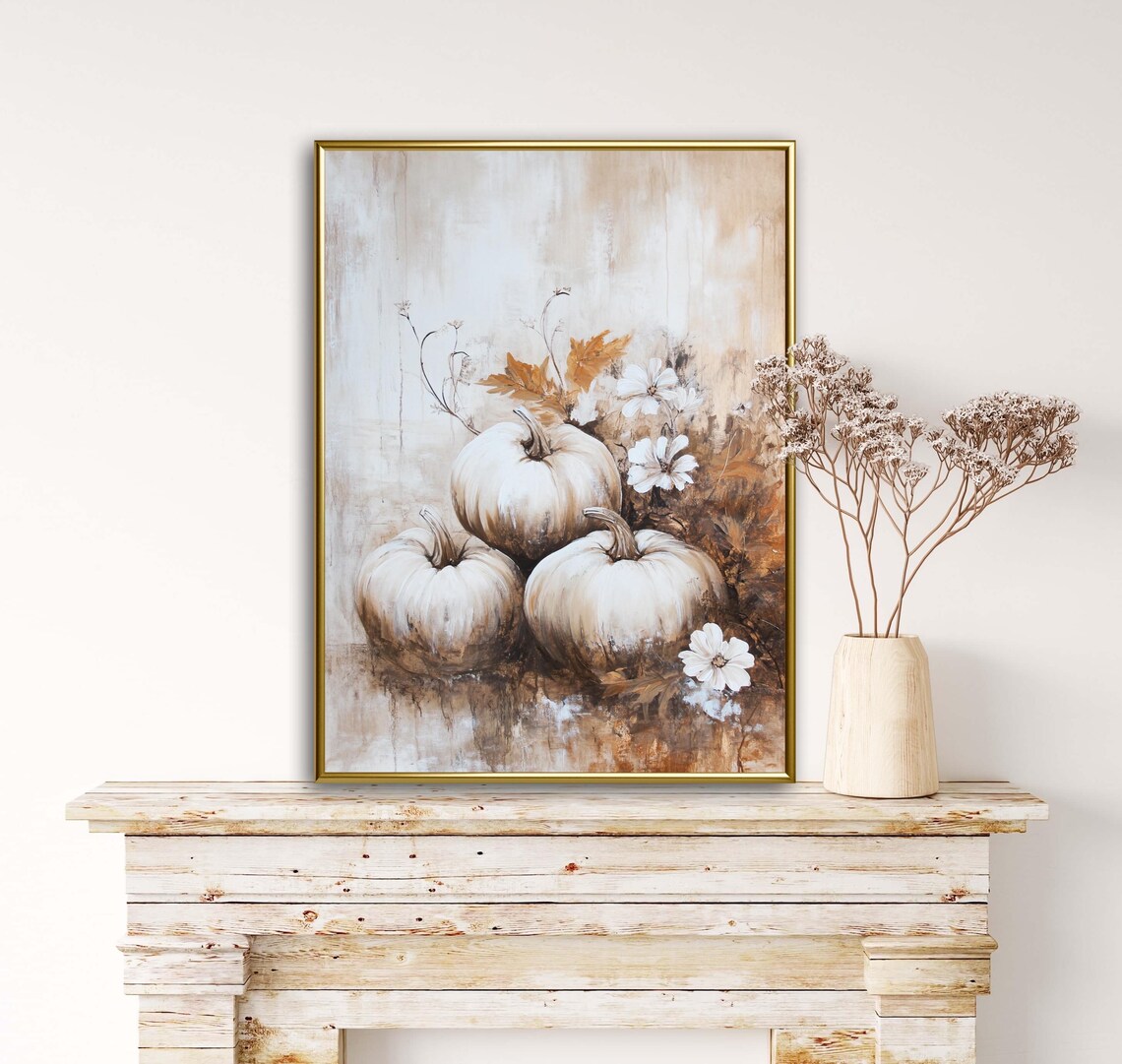 White Pumpkins With Cosmos Flowers Neutral Harvest Autumn Style Wall Art - Image 3