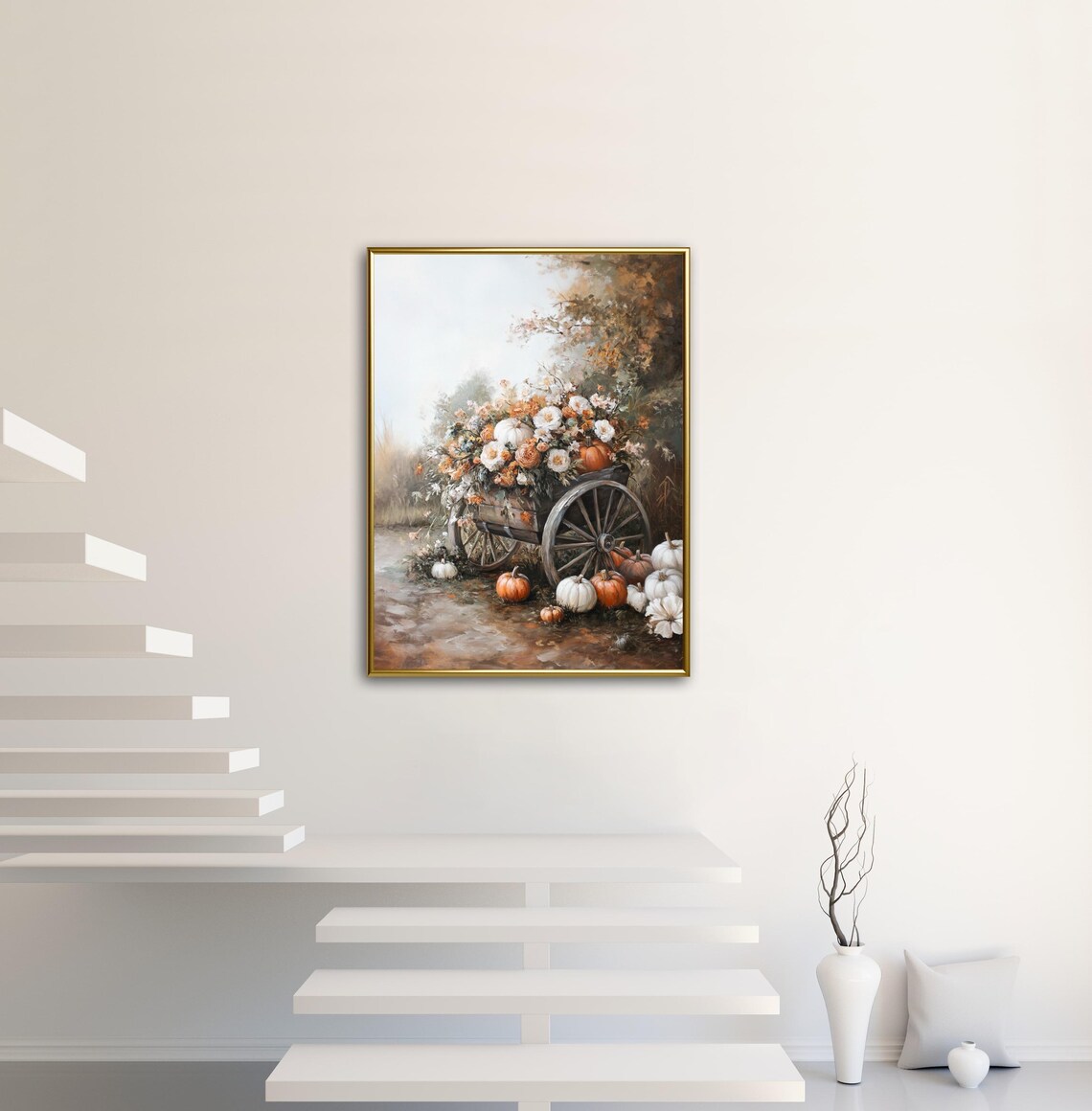 Vintage Cart Loaded With Pumpkins and Flowers Pumpkin Patch Fall Wall Art - Image 2