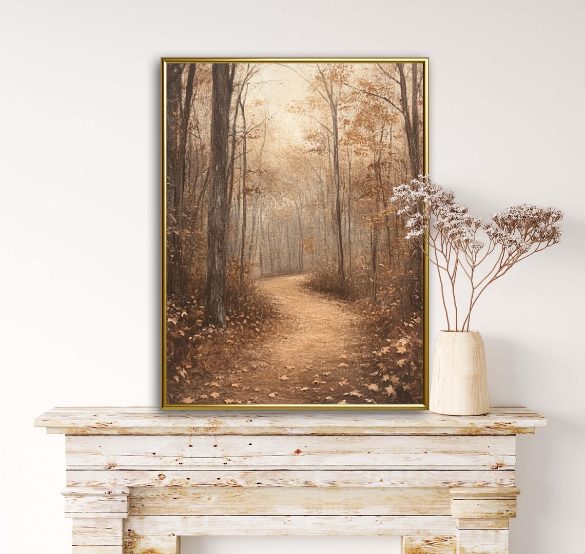 Autumn Tales Fall Forest Path Vintage Rustic Earthy Landscape Art Print - Image 4