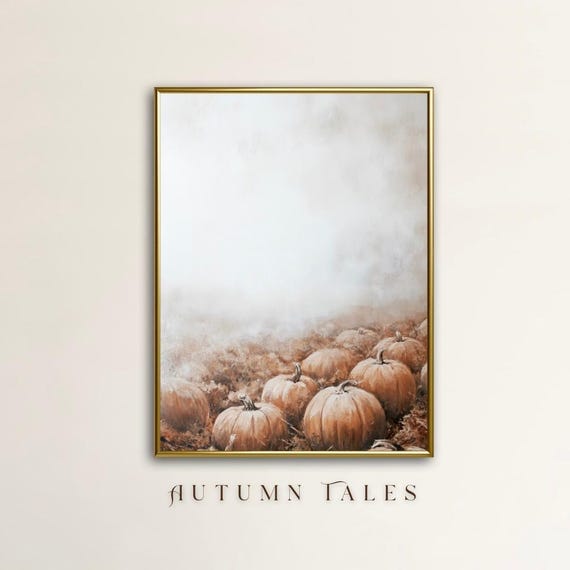 Antique Autumn Pumpkin Print Fall Decor Vintage Rustic Farmhouse Wall Art Print Foggy Moody Pumpkin Patch Field Landscape Art