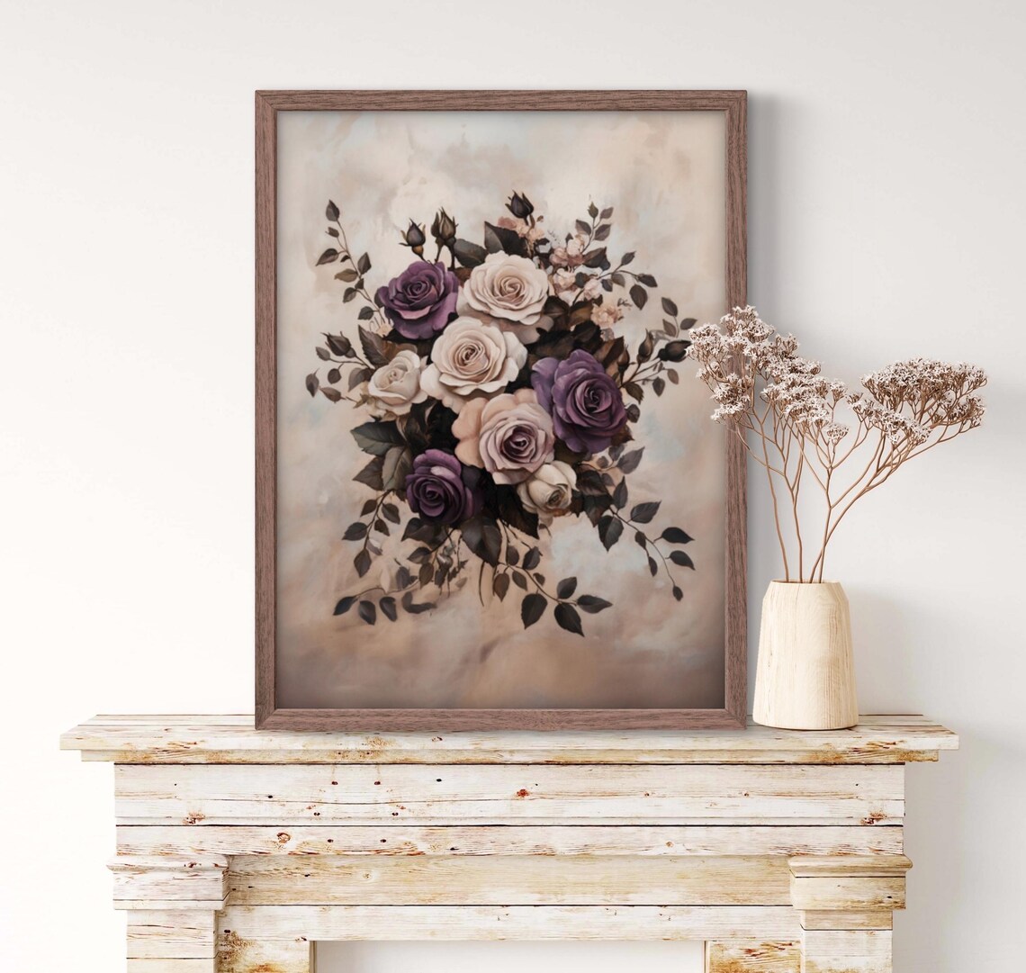 Purple White Rose Bouquet Moody Farmhouse Vintage Floral Art Poster - Image 2