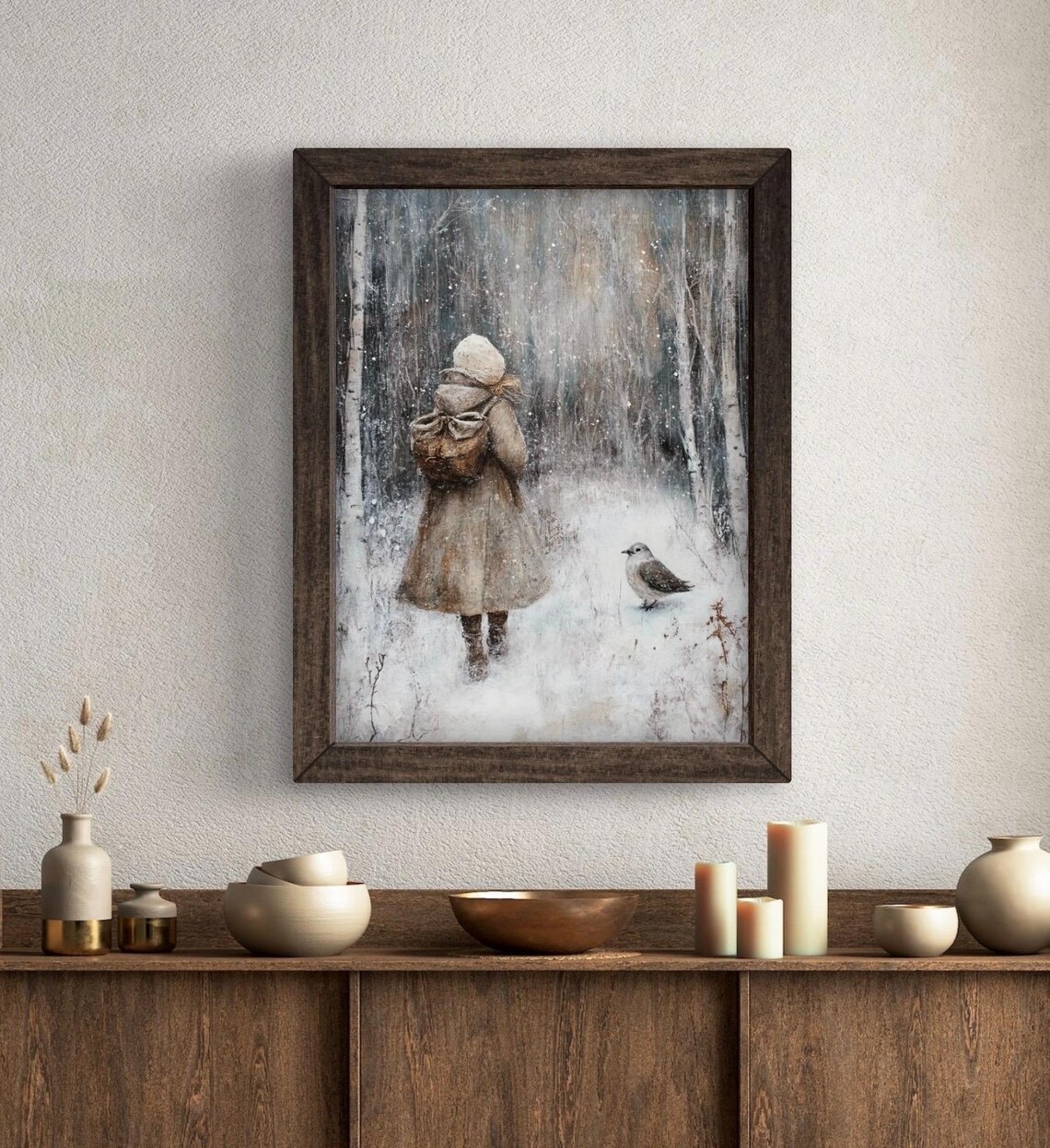 Winter Forest Girl And Bird, Moody Vintage Art Print - Image 5