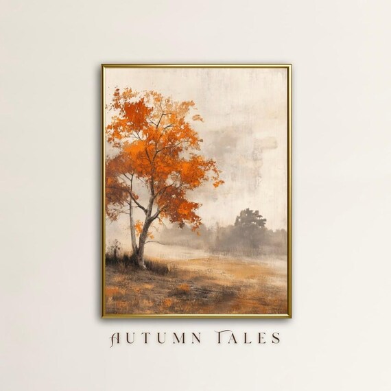 Autumn Tales Lone Orange Tree Misty Countryside Vintage Landscape Art Print