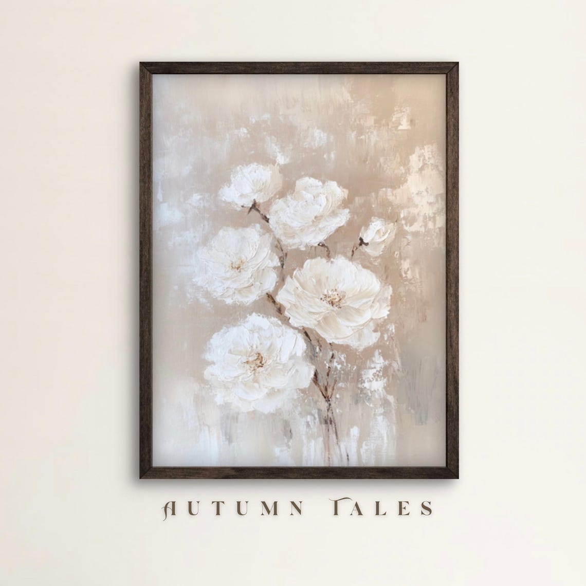 White Peonies on Soft Beige Abstract Minimalist Floral Wall Art Print