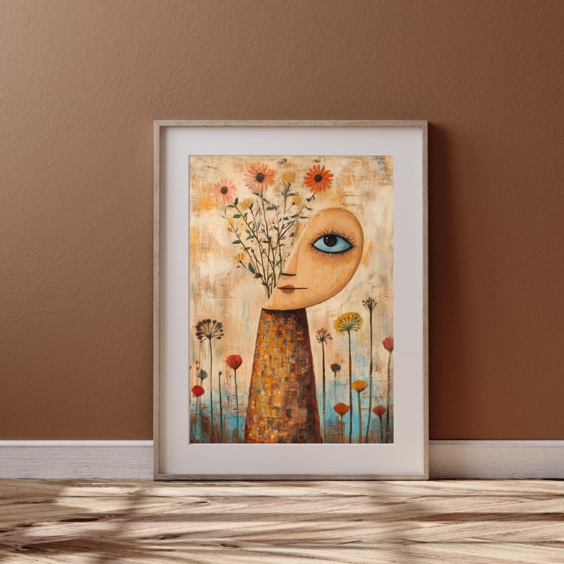 Surreal Female Face Vase with Wildflowers Abstract Folk Art Wall Art Poster - Image 6
