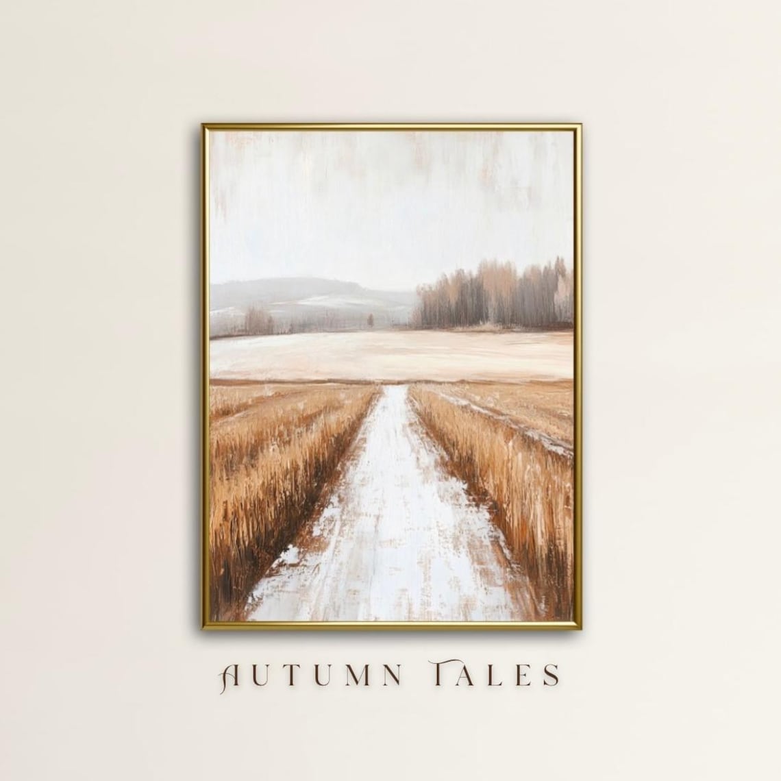 Snowy Path Through Golden Wheat Field Misty Minimalist Winter Landscape Print