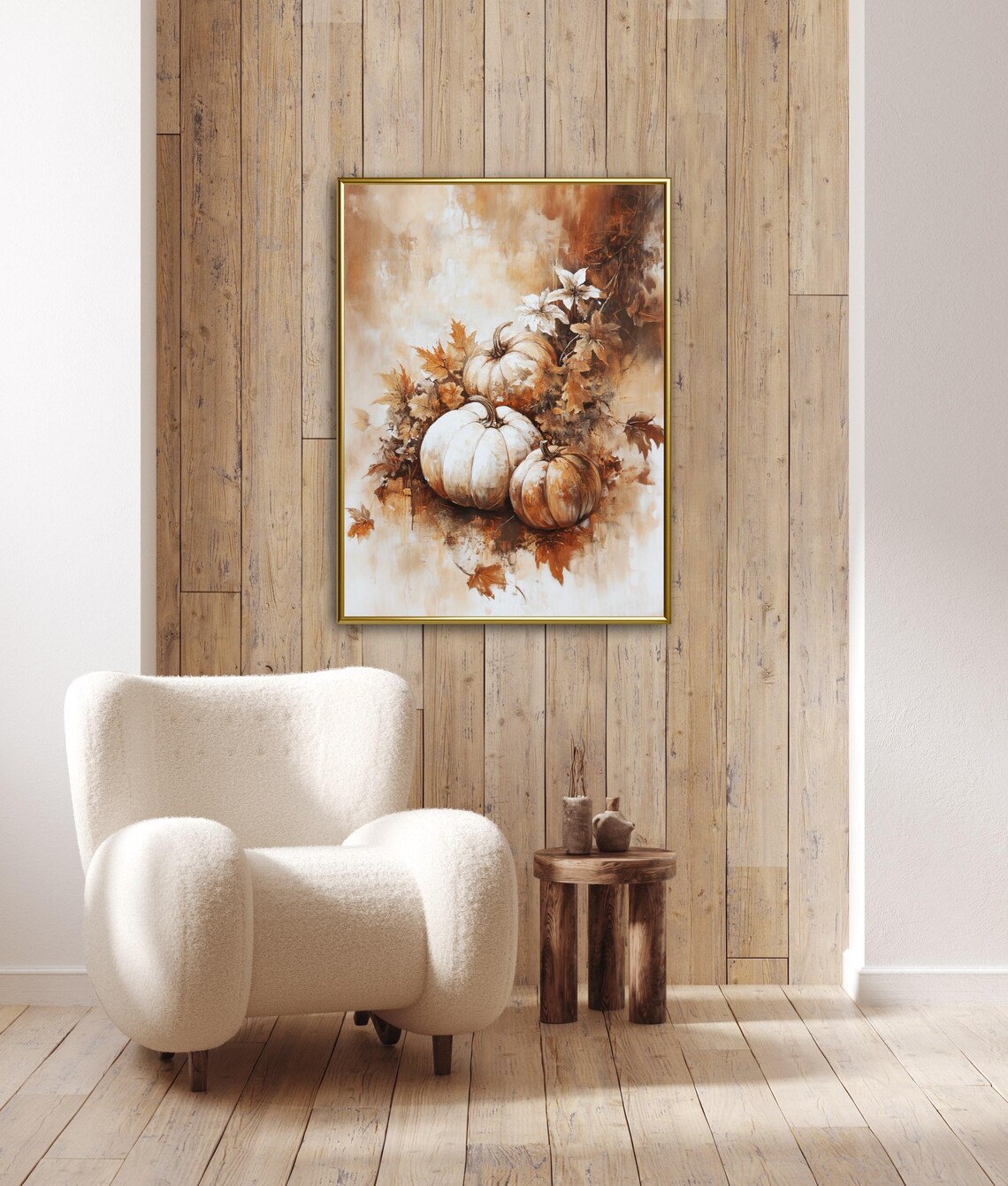White Pumpkins Autumn Leaves Moody Still Life Fall Harvest Rustic Wall Art - Image 3