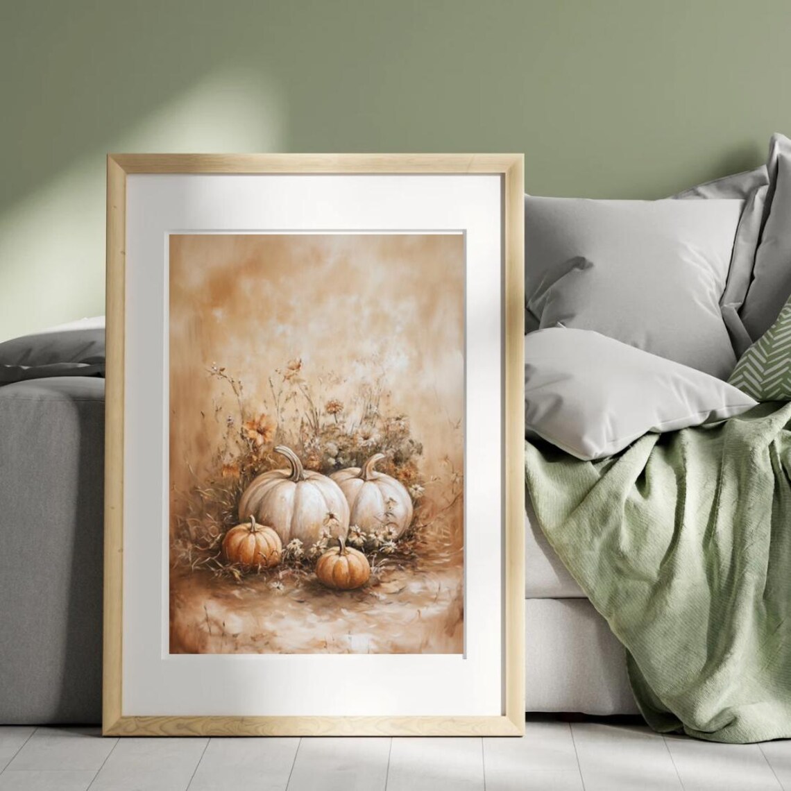 White Pumpkins Wildflower Still Life Autumn Farmhouse Neutral Tones Wall Art - Image 4