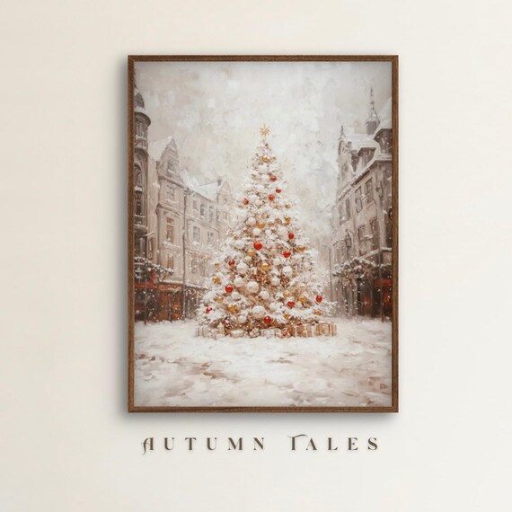 Vintage Rustic Christmas Tree Wall Art Print Moody Snowy European Town Square Victorian Winter Wall Decor Christmas Cityscape