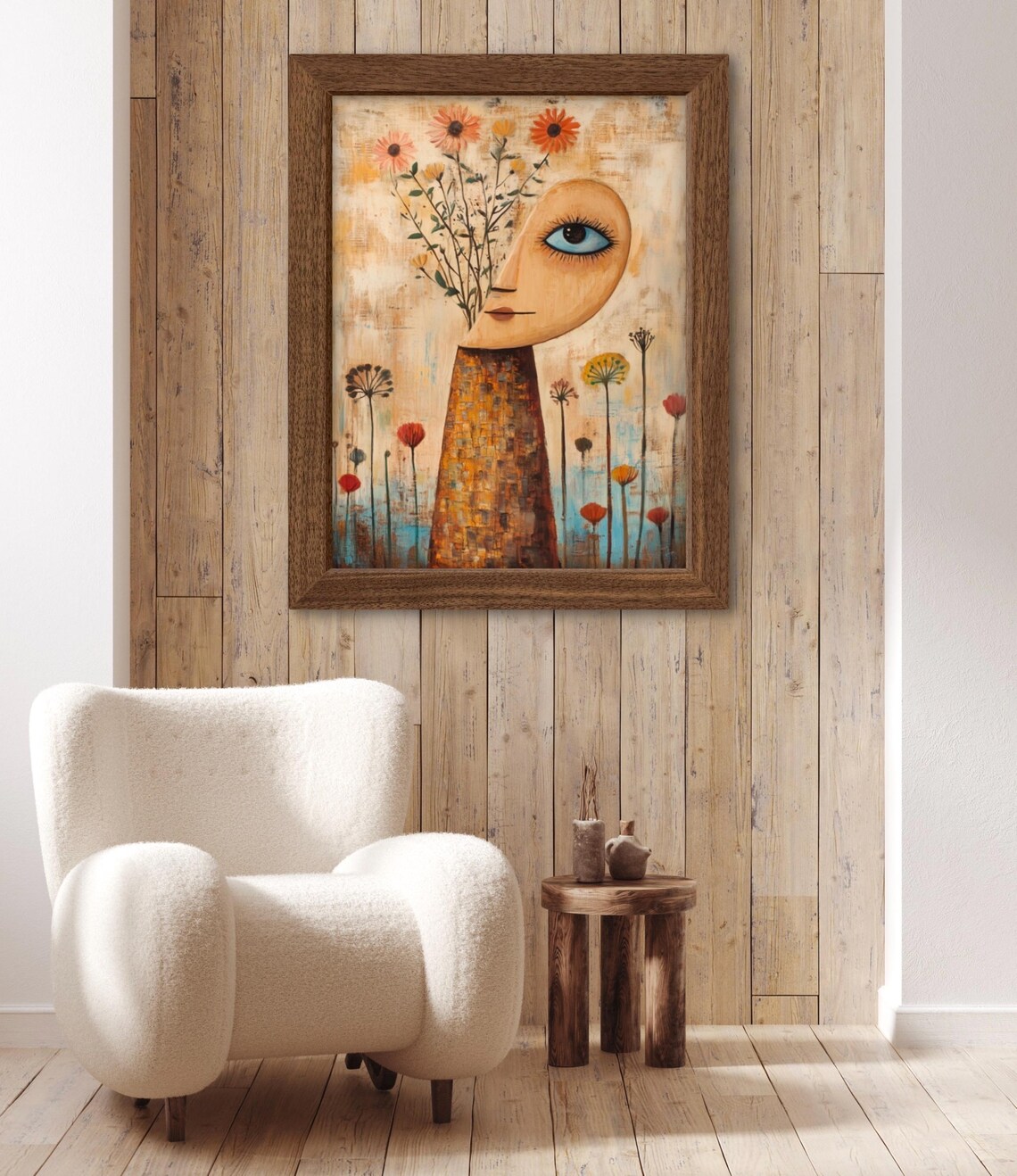 Surreal Female Face Vase with Wildflowers Abstract Folk Art Wall Art Poster - Image 2