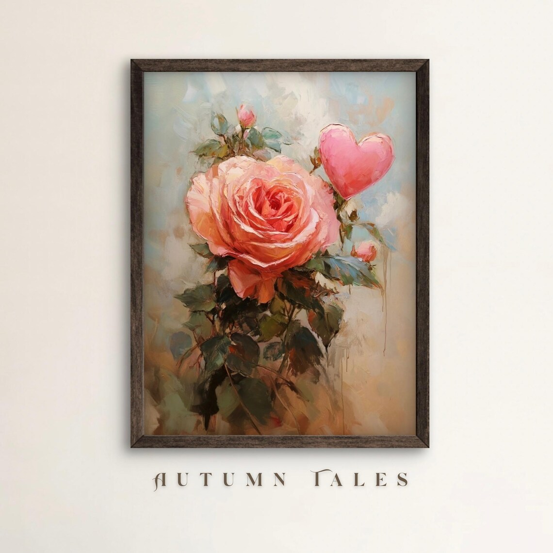 Pink Rose and Heart Valentines Day Oil Painting Floral Poster