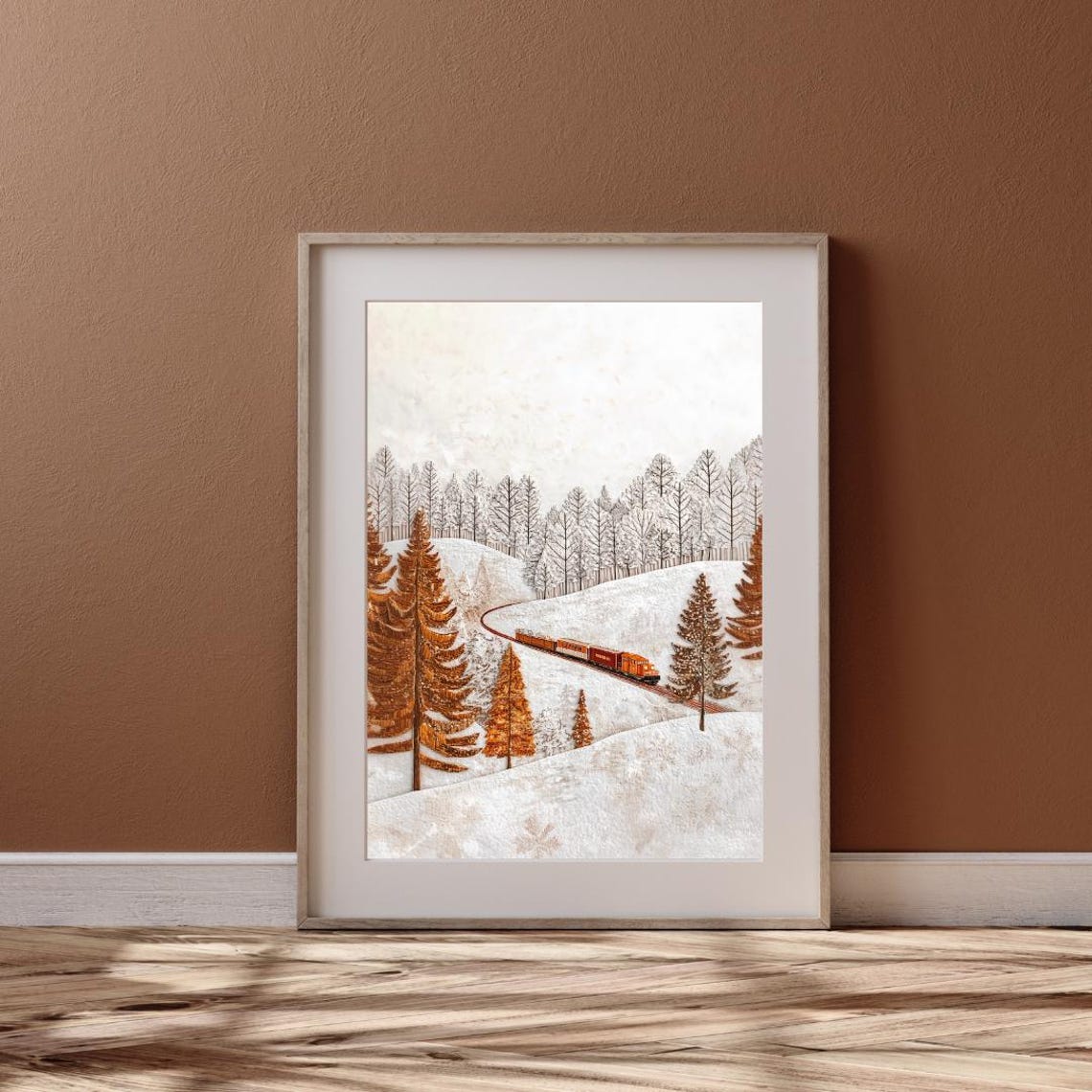 Textured Winter Train Snowy Forest Folk Art Christmas Decor Poster - Image 6