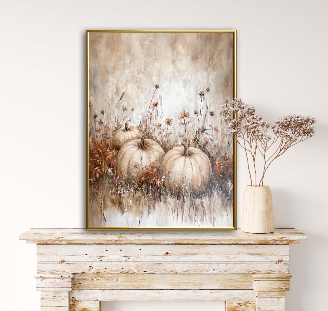 White Pumpkins Among Dried Wildflowers Airy Autumn Still Life Wall Art - Image 4