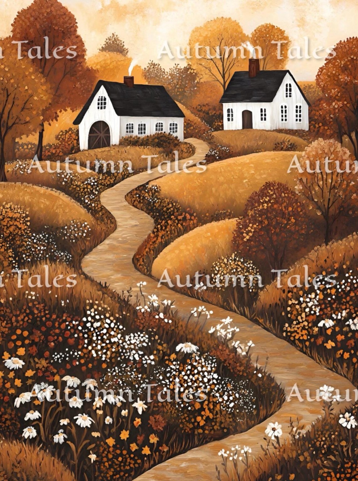 Whimsical Folk Art Autumn Cottages With Wildflower Road Art Print - Image 2